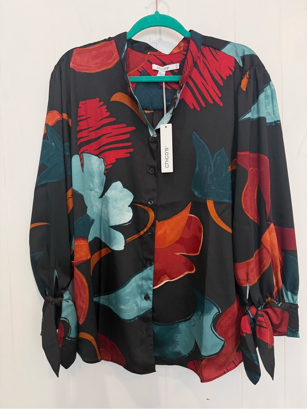 NWT Chico's Organic Abstract Tie Cuff Tunic Blouse Peacock Teal Size 3.5 18